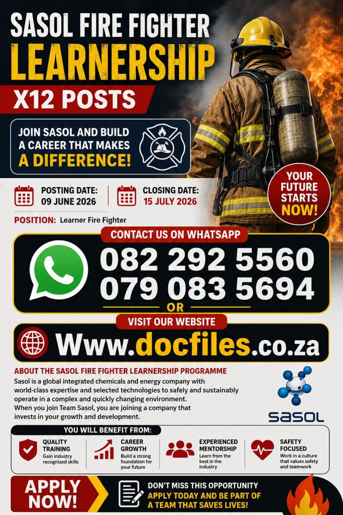 Sasol Fire Fighter LearnershipS X12 Opportunities for 2026
