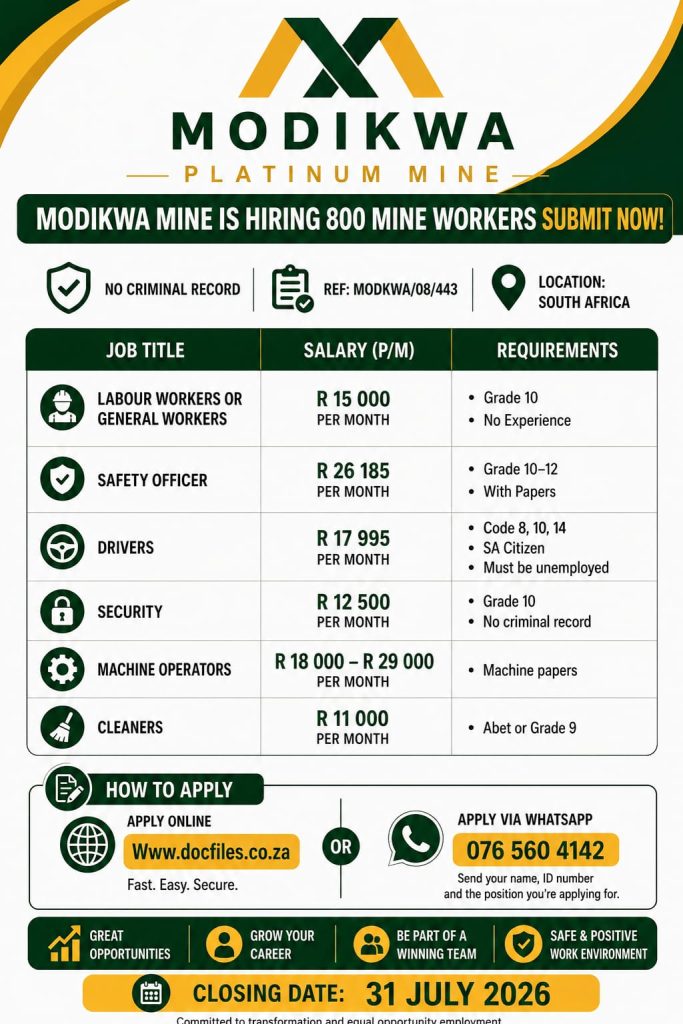 Modikwa Mine Hiring 800 Mine Workers